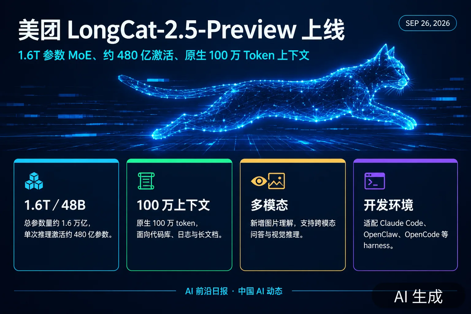 信息图：美团 LongCat-2.5-Preview 模型规格（AI 生成图，文字为当日报道要点）