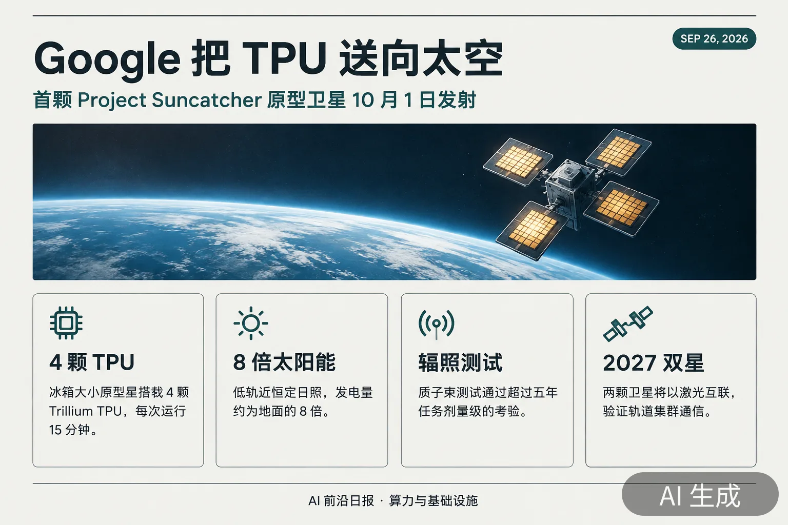信息图：Project Suncatcher 轨道算力实验要点（AI 生成图，文字为当日报道要点）