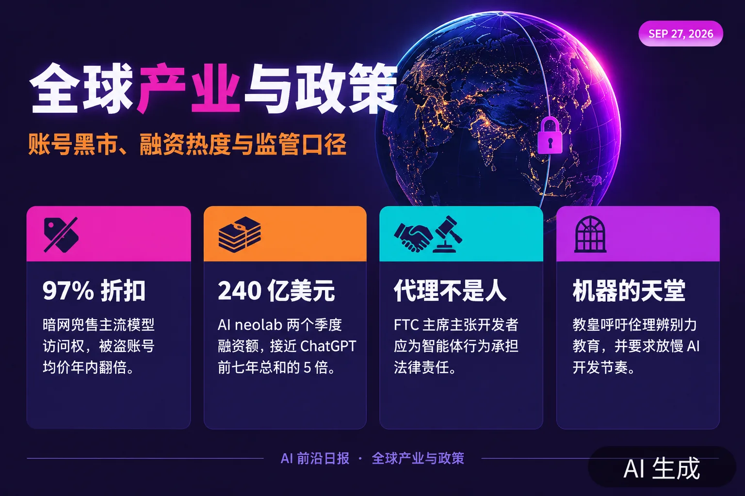 信息图：当日全球 AI 产业与政策要点（AI 生成图，文字为当日报道要点）