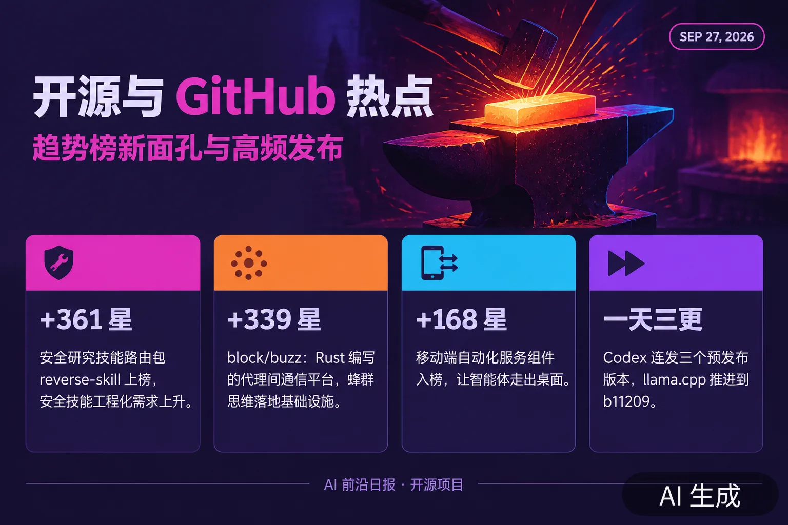 信息图：当日开源项目与 GitHub 热点要点（AI 生成图，文字为当日报道要点）