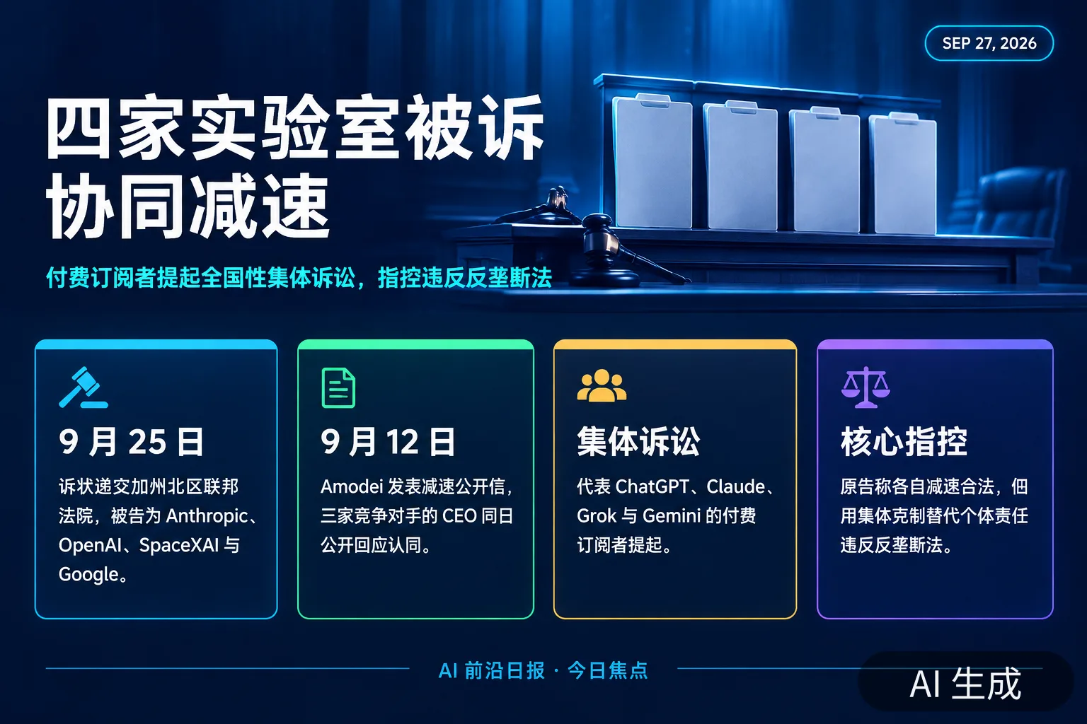 信息图：四家前沿实验室被诉协同减速的反垄断诉讼要点（AI 生成图，文字为当日报道要点）