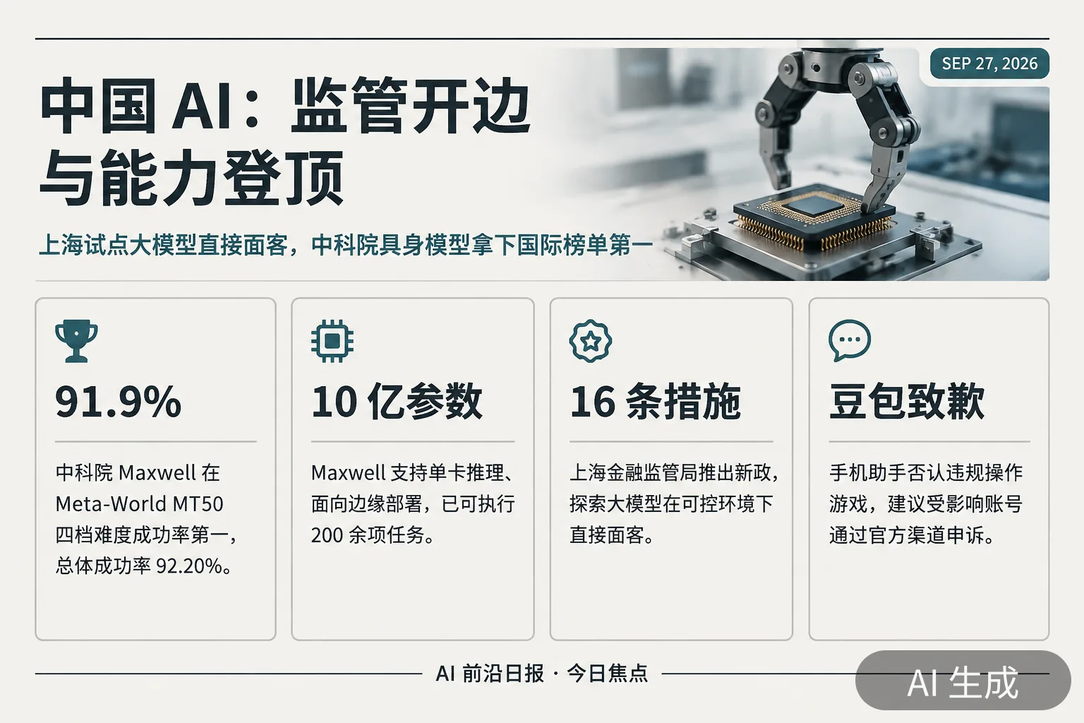 信息图：中国 AI 监管进展与中科院具身模型榜单成绩（AI 生成图，文字为当日报道要点）