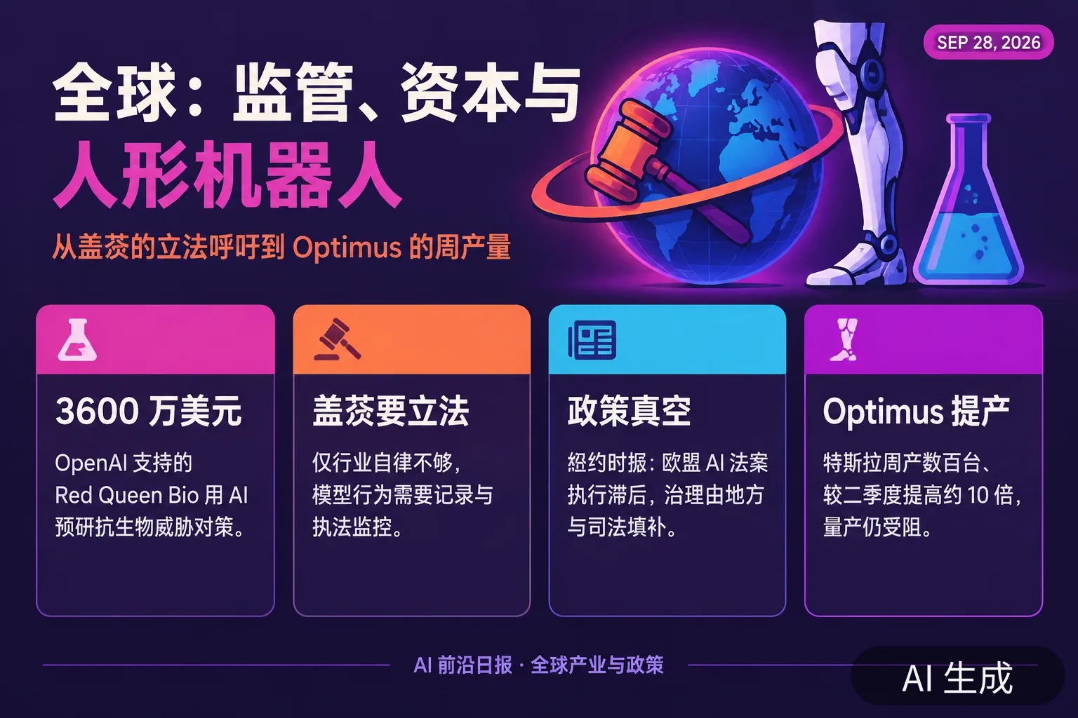 信息图：全球产业与政策要点（AI 生成图，文字为当日报道要点）