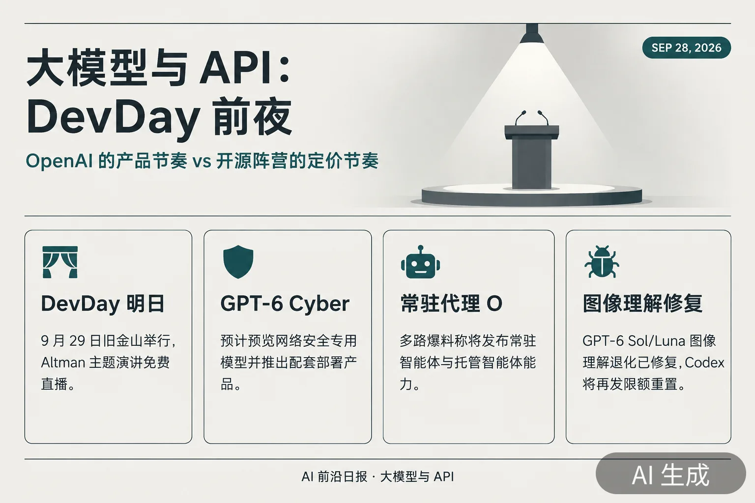 信息图：大模型与 API 栏目要点（AI 生成图，文字为当日报道要点）