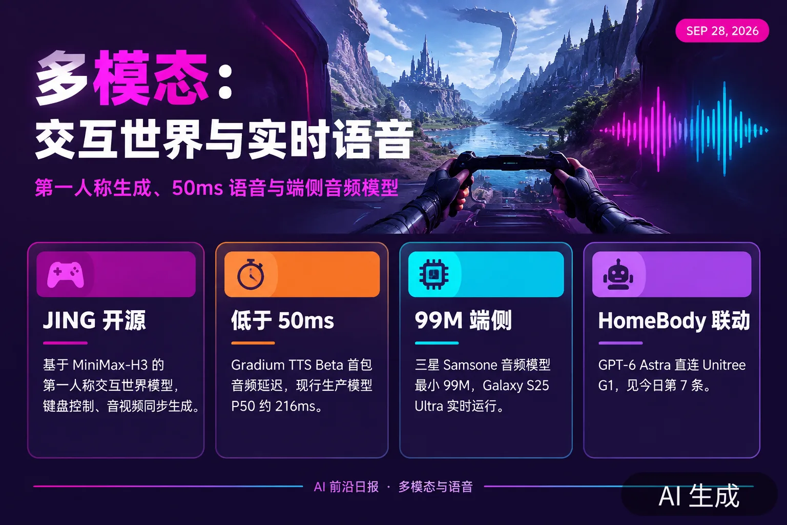 信息图：多模态、视频与语音要点（AI 生成图，文字为当日报道要点）