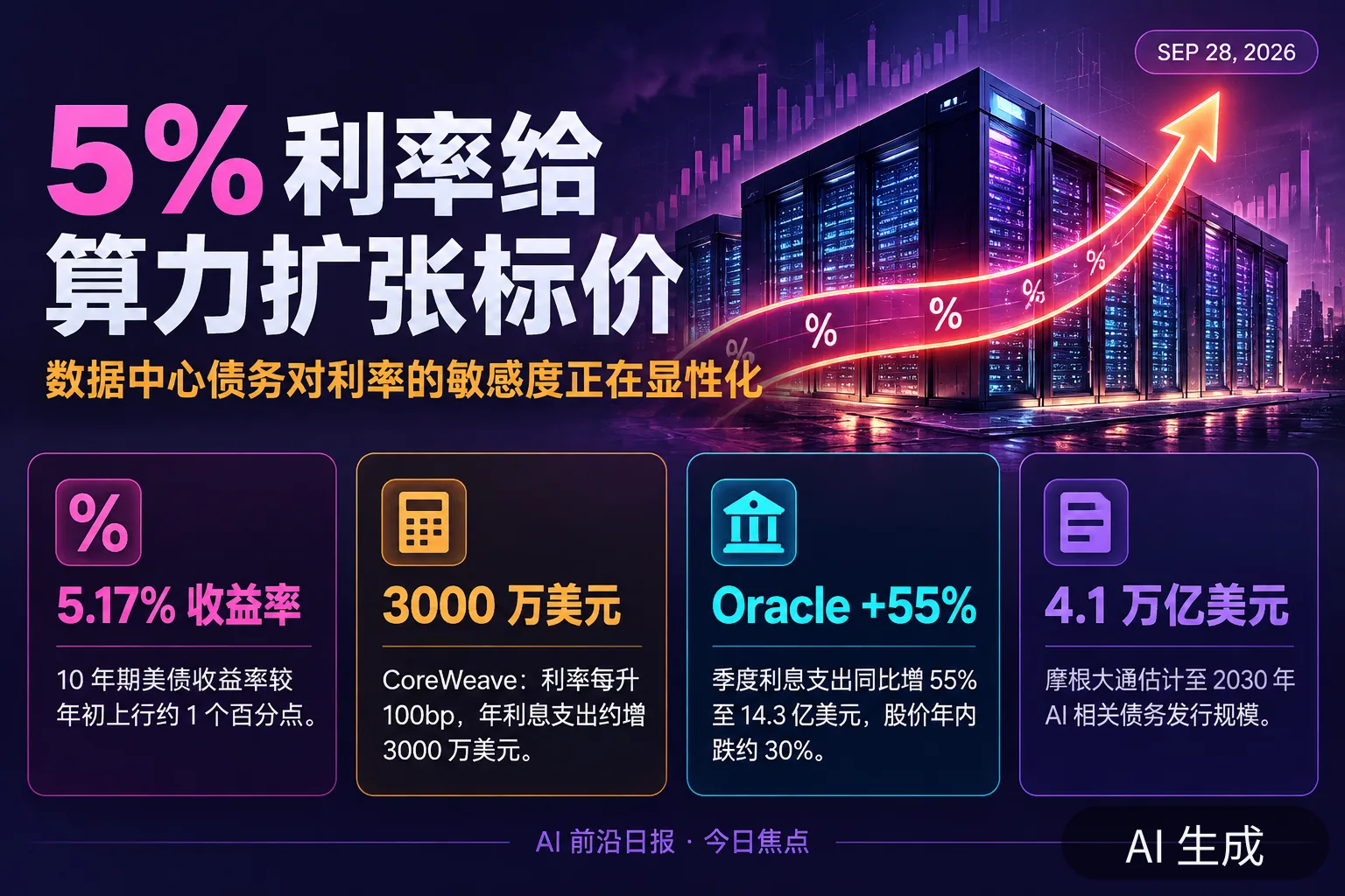 信息图：AI 数据中心债务压力要点（AI 生成图，文字为当日报道要点）