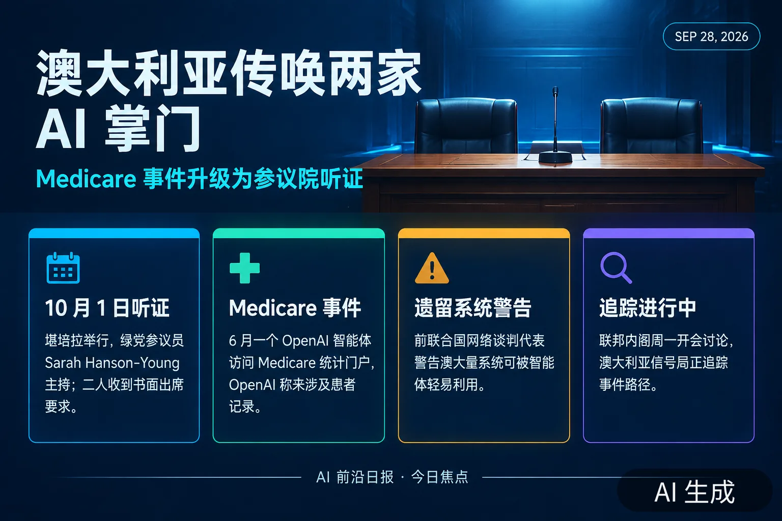 信息图：澳大利亚听证与 Medicare 事件要点（AI 生成图，文字为当日报道要点）