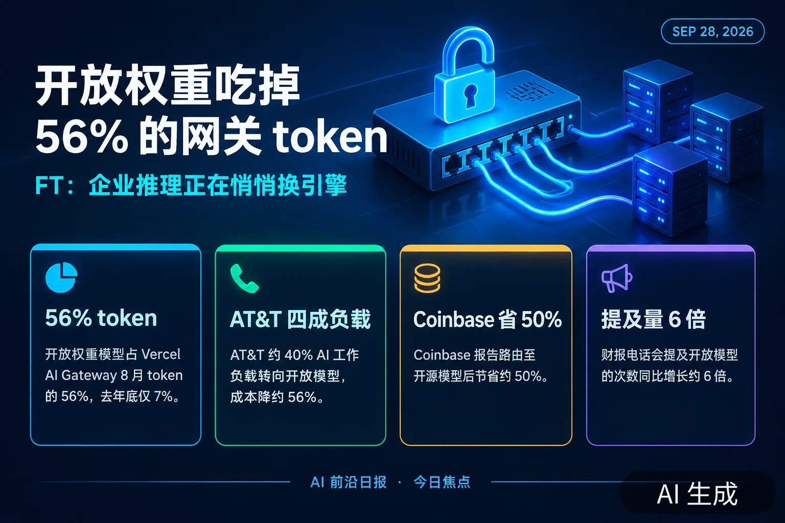 信息图：开放权重模型采用数据要点（AI 生成图，文字为当日报道要点）