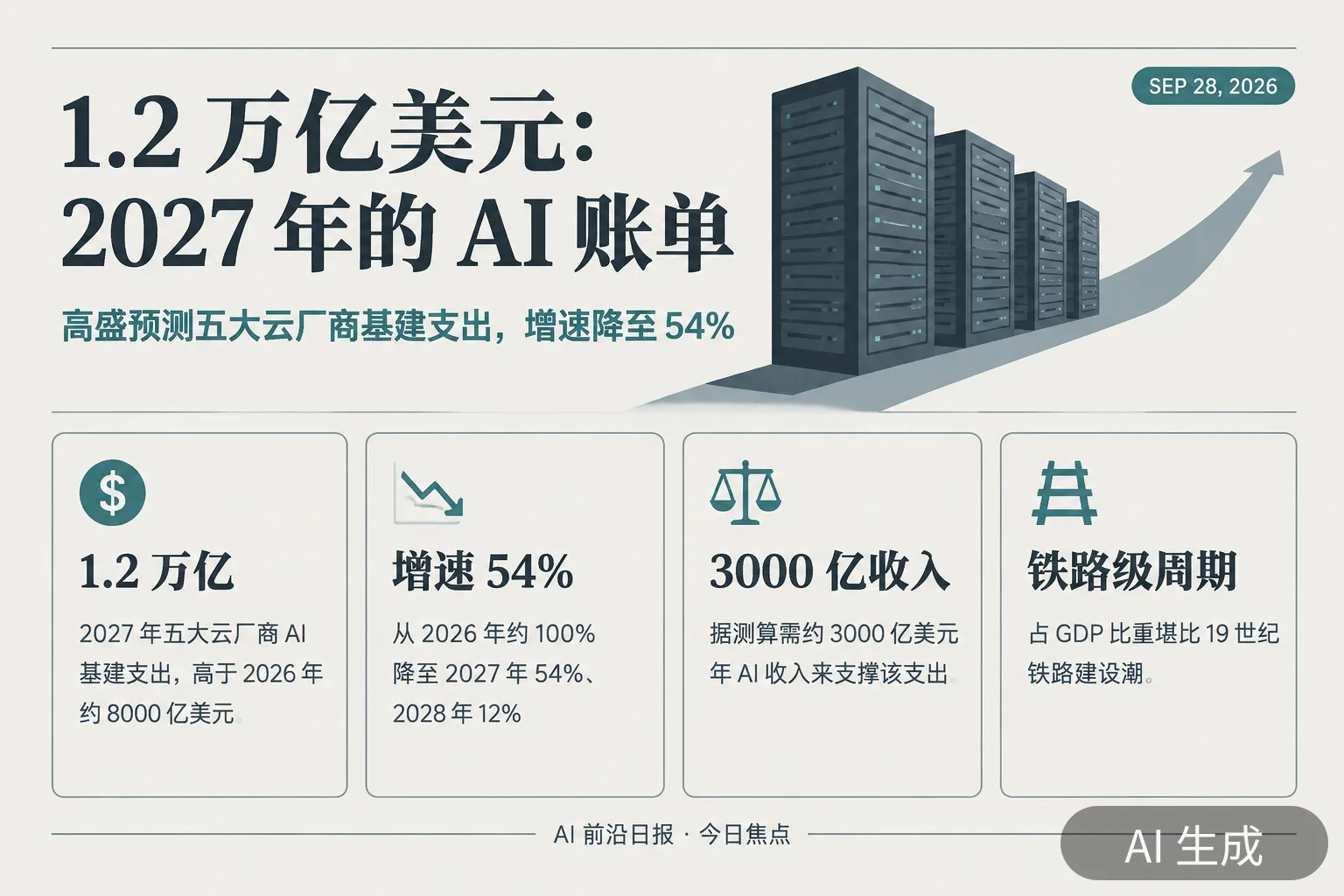 信息图：1.2 万亿美元 AI 基建支出要点（AI 生成图，文字为当日报道要点）