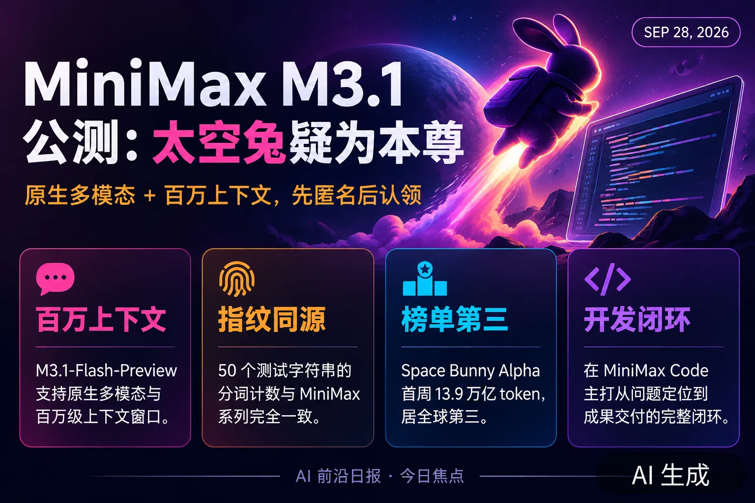 信息图：MiniMax M3.1 与 Space Bunny 要点（AI 生成图，文字为当日报道要点）