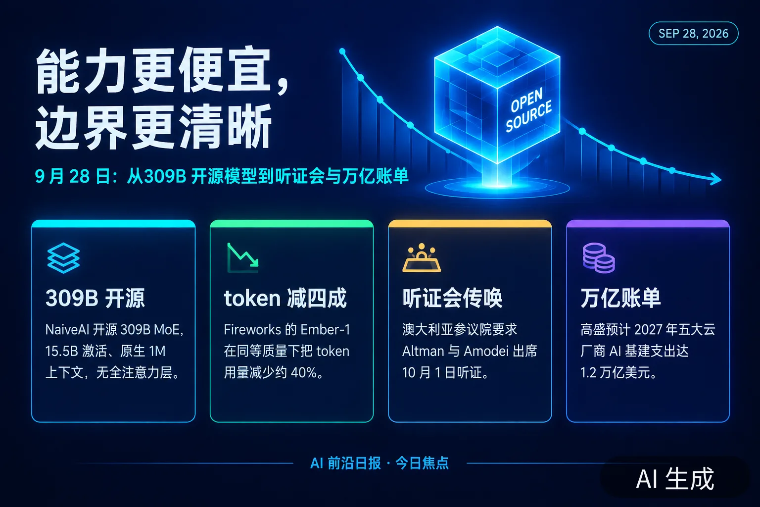 信息图：今日焦点——能力更便宜、边界更清晰（AI 生成图，文字为当日报道要点）