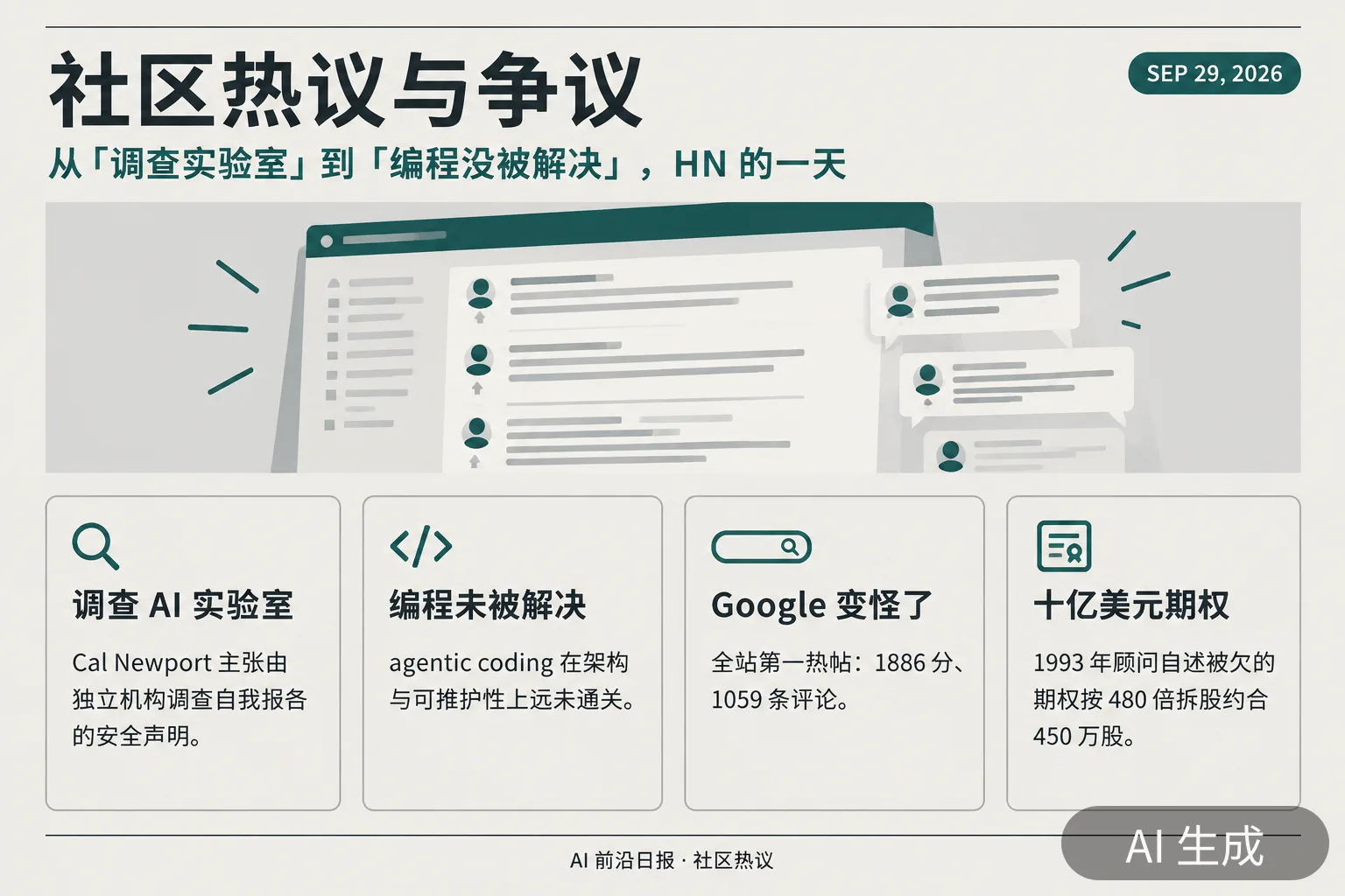 信息图：社区热议与争议要点（AI 生成图，文字为当日报道要点）