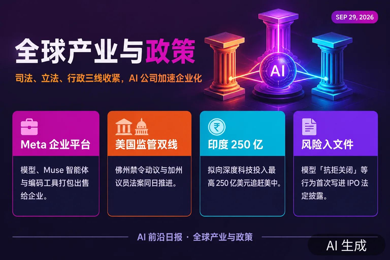 信息图：全球产业与政策要点（AI 生成图，文字为当日报道要点）