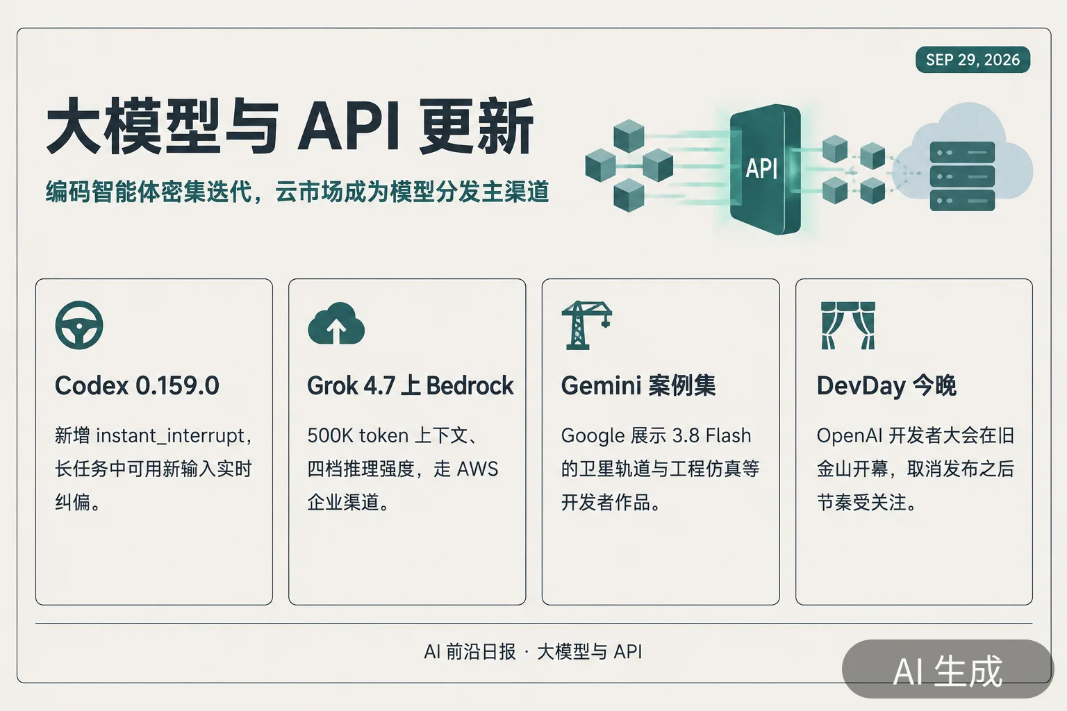 信息图：大模型与 API 更新要点（AI 生成图，文字为当日报道要点）
