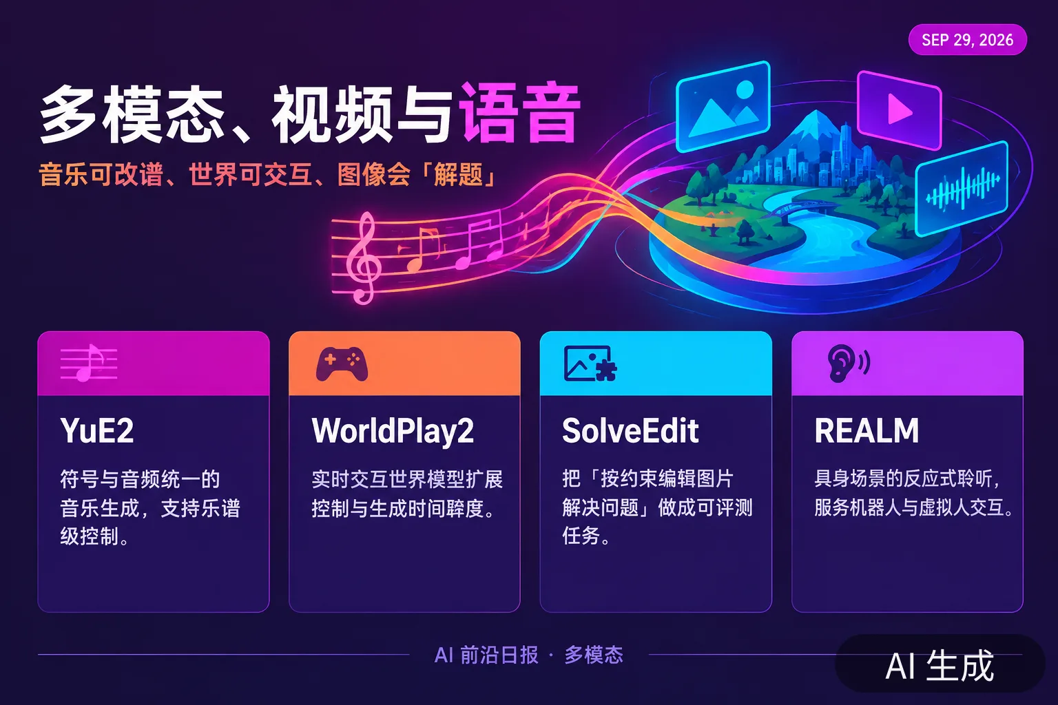 信息图：多模态与创意视频要点（AI 生成图，文字为当日报道要点）