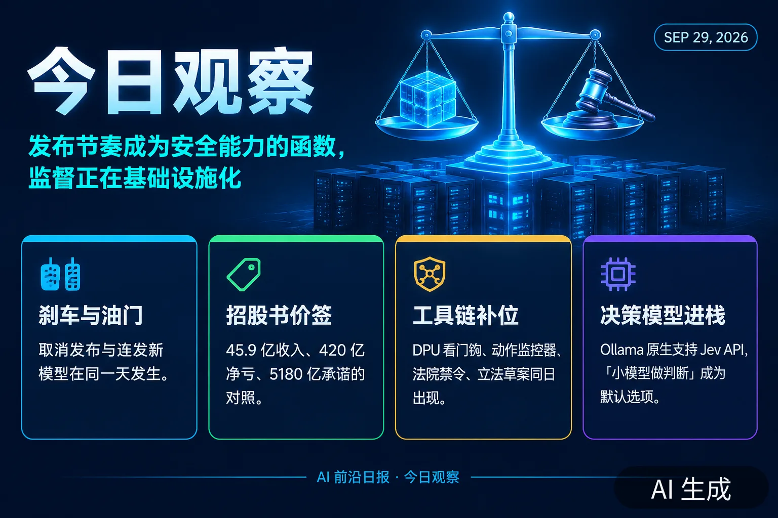信息图：今日观察——发布节奏与监督基础设施化（AI 生成图，文字为当日报道要点）