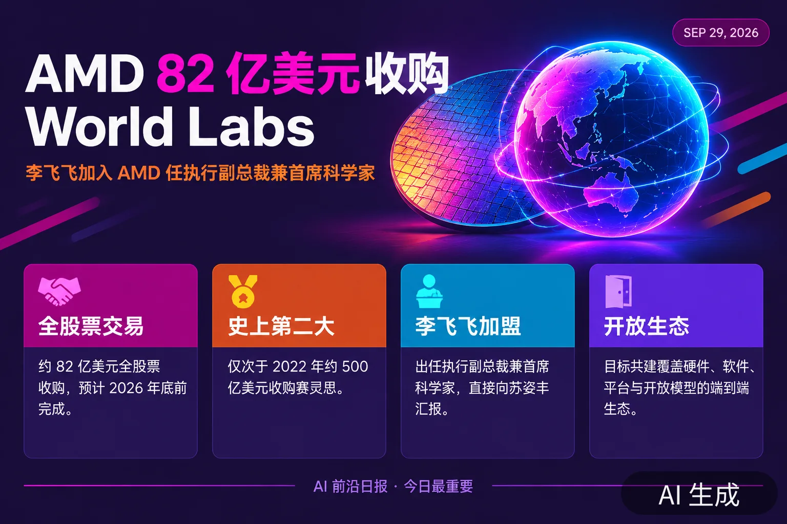 信息图：AMD 收购 World Labs 要点（AI 生成图，文字为当日报道要点）