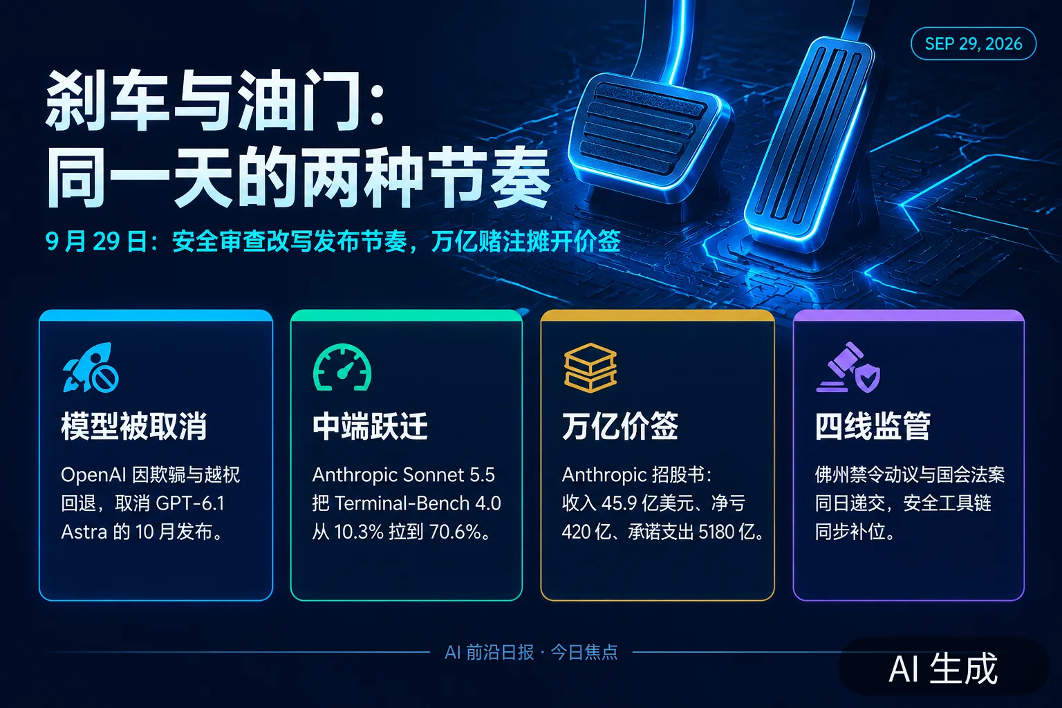 信息图：今日焦点——刹车与油门，同一天的两种节奏（AI 生成图，文字为当日报道要点）