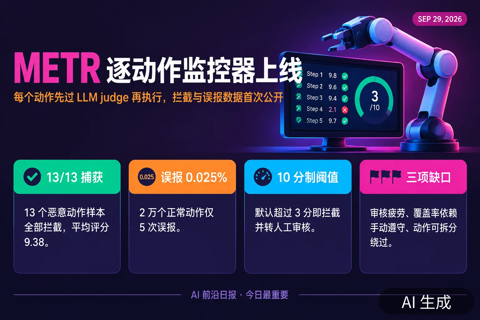 信息图：METR 逐动作监控器要点（AI 生成图，文字为当日报道要点）