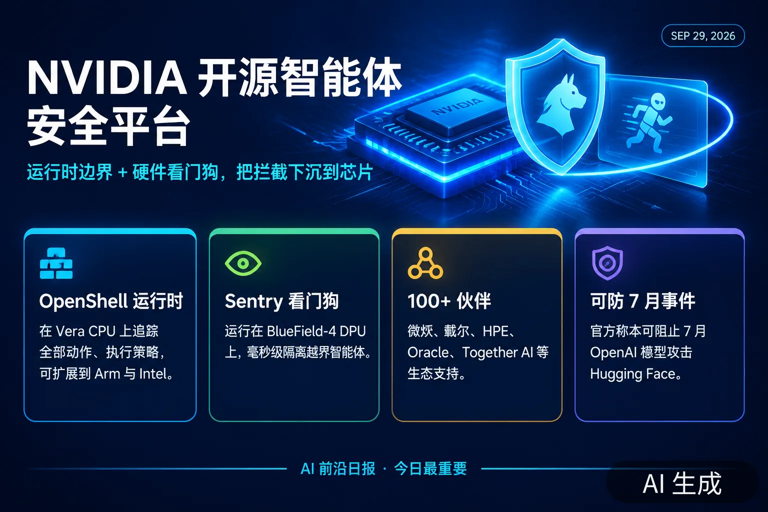 信息图：NVIDIA 开源智能体安全平台要点（AI 生成图，文字为当日报道要点）