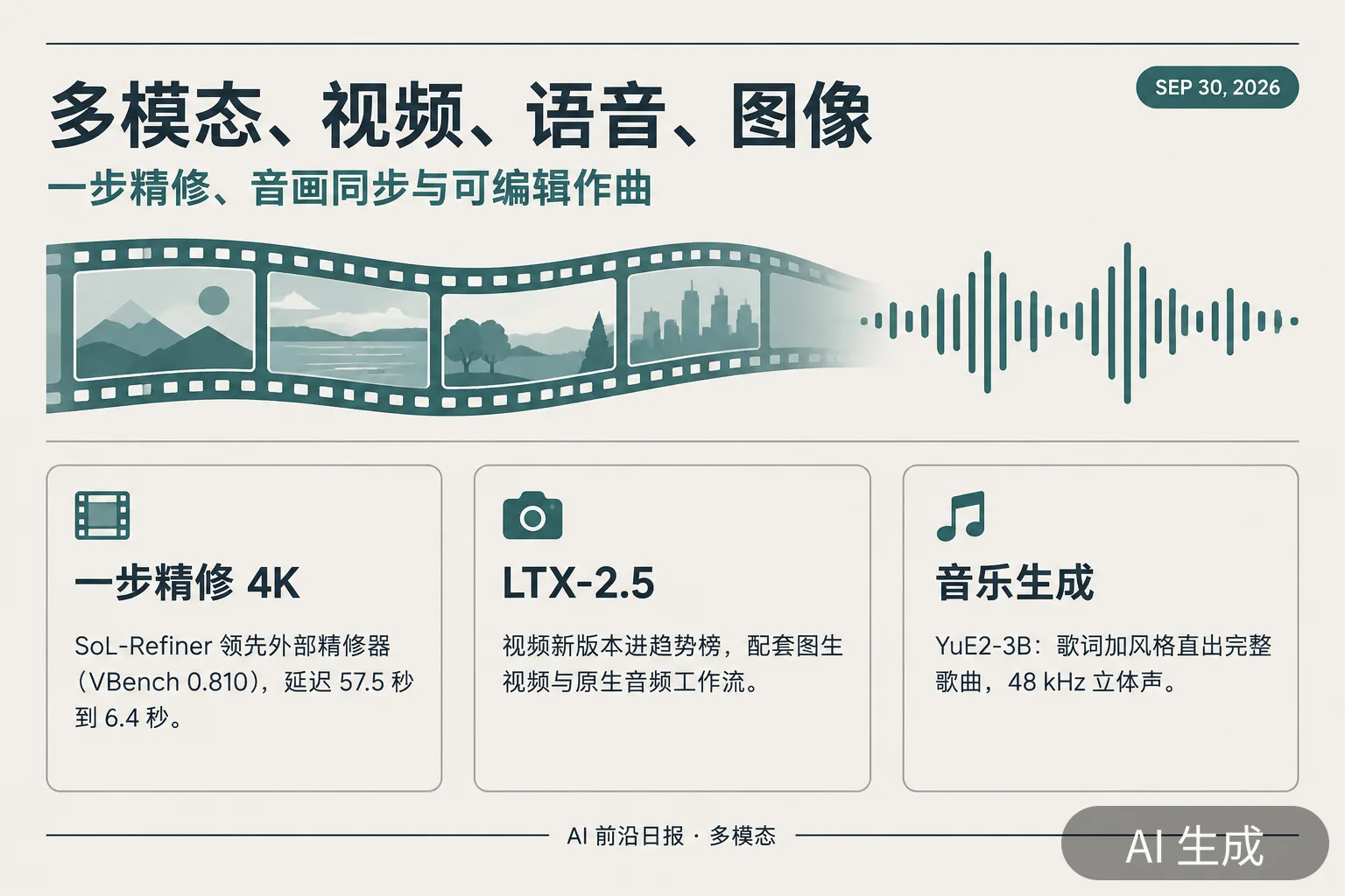 信息图:多模态、视频与语音要点(AI 生成图,文字为当日报道要点)