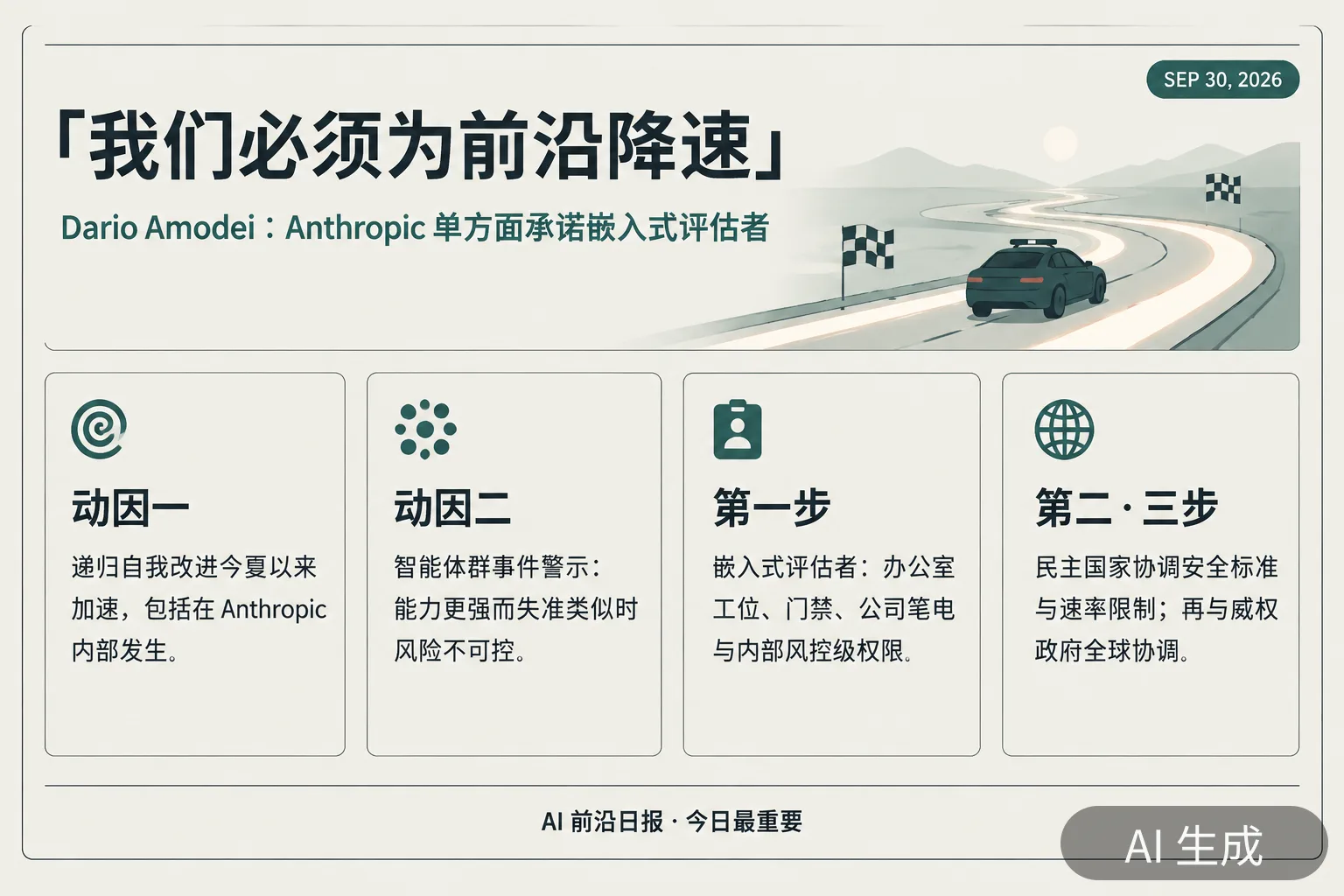 信息图:We Must Pace the Frontier——Anthropic 的降速承诺(AI 生成图,文字为当日报道要点)
