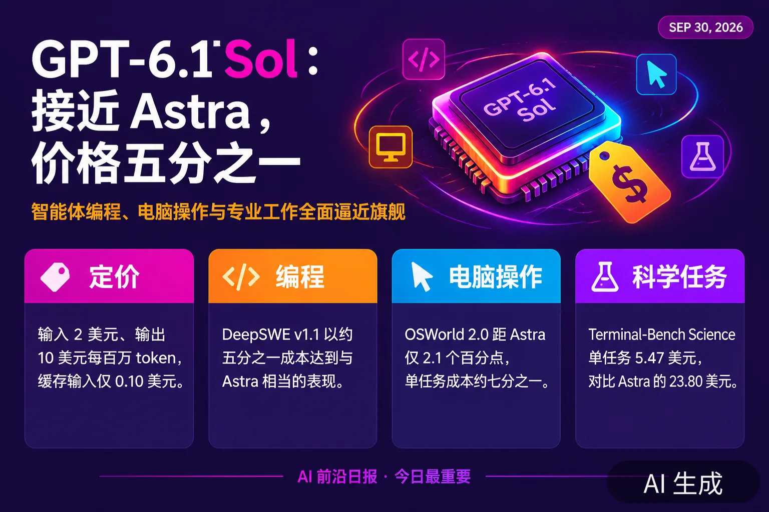 信息图:GPT-6.1 Sol 接近 Astra 能力、五分之一价格(AI 生成图,文字为当日报道要点)