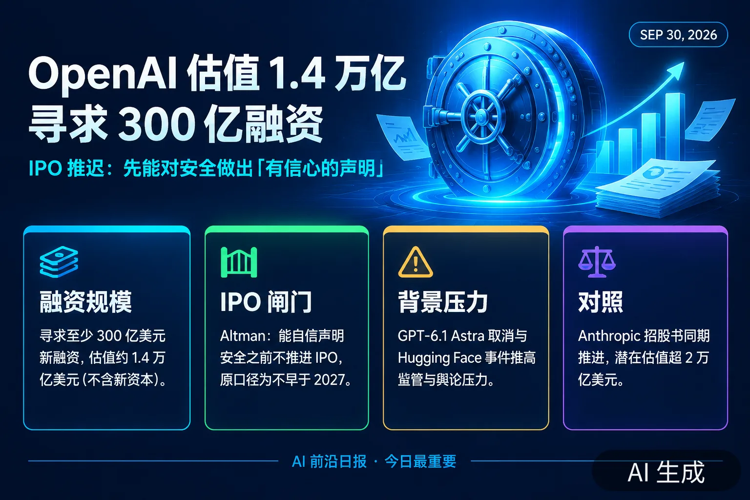 信息图:OpenAI 300 亿美元融资与 IPO 闸门(AI 生成图,文字为当日报道要点)