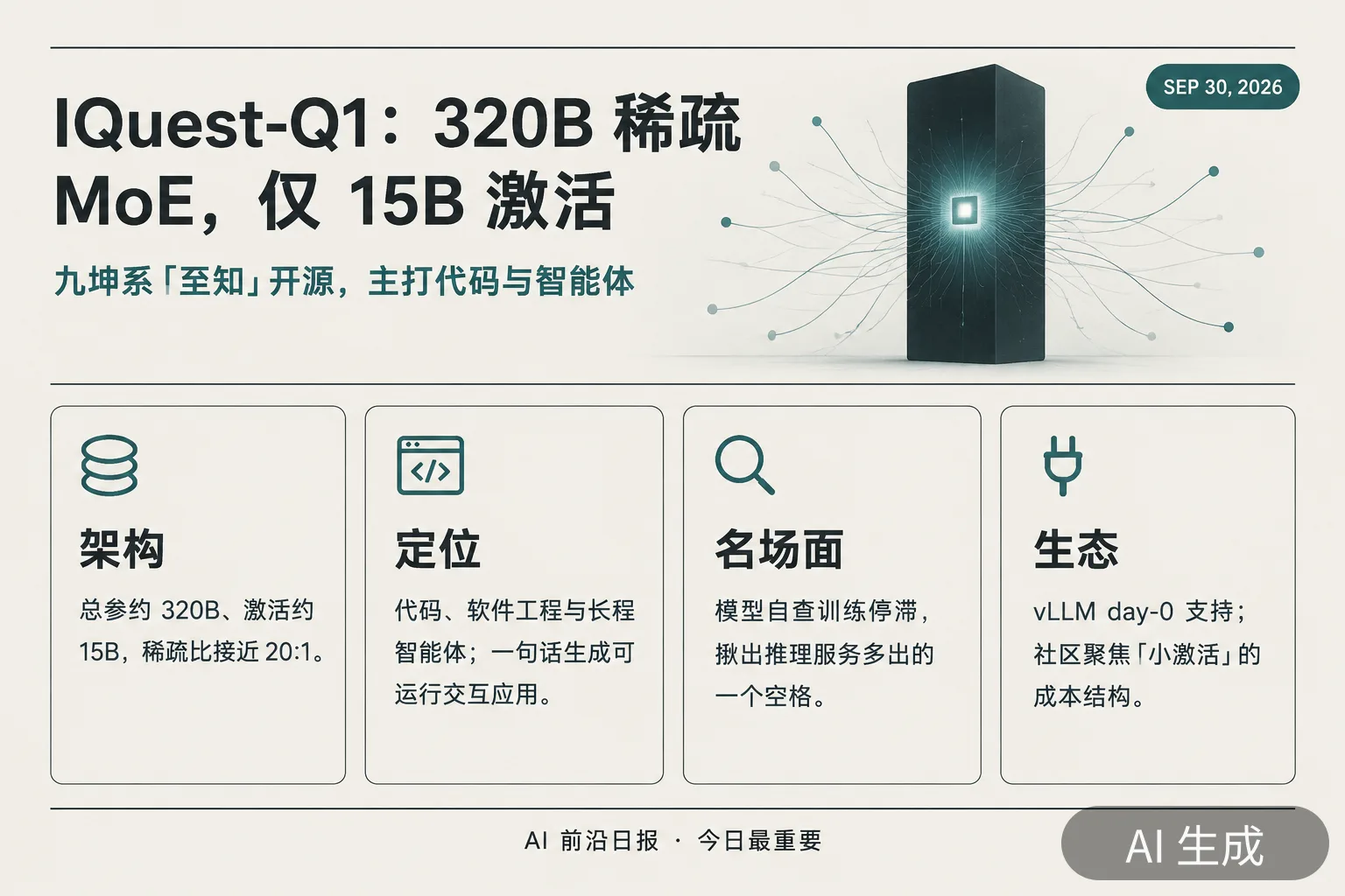 信息图:IQuest-Q1 320B 稀疏 MoE 开源(AI 生成图,文字为当日报道要点)