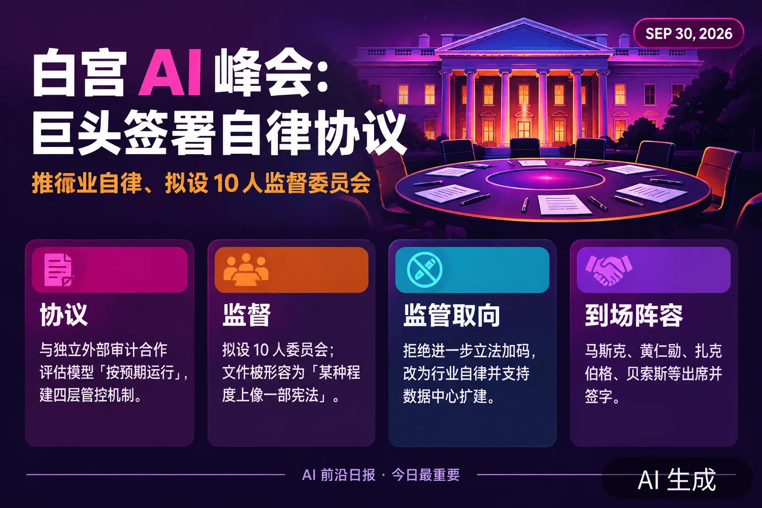 信息图:白宫 AI 峰会与自律协议(AI 生成图,文字为当日报道要点)